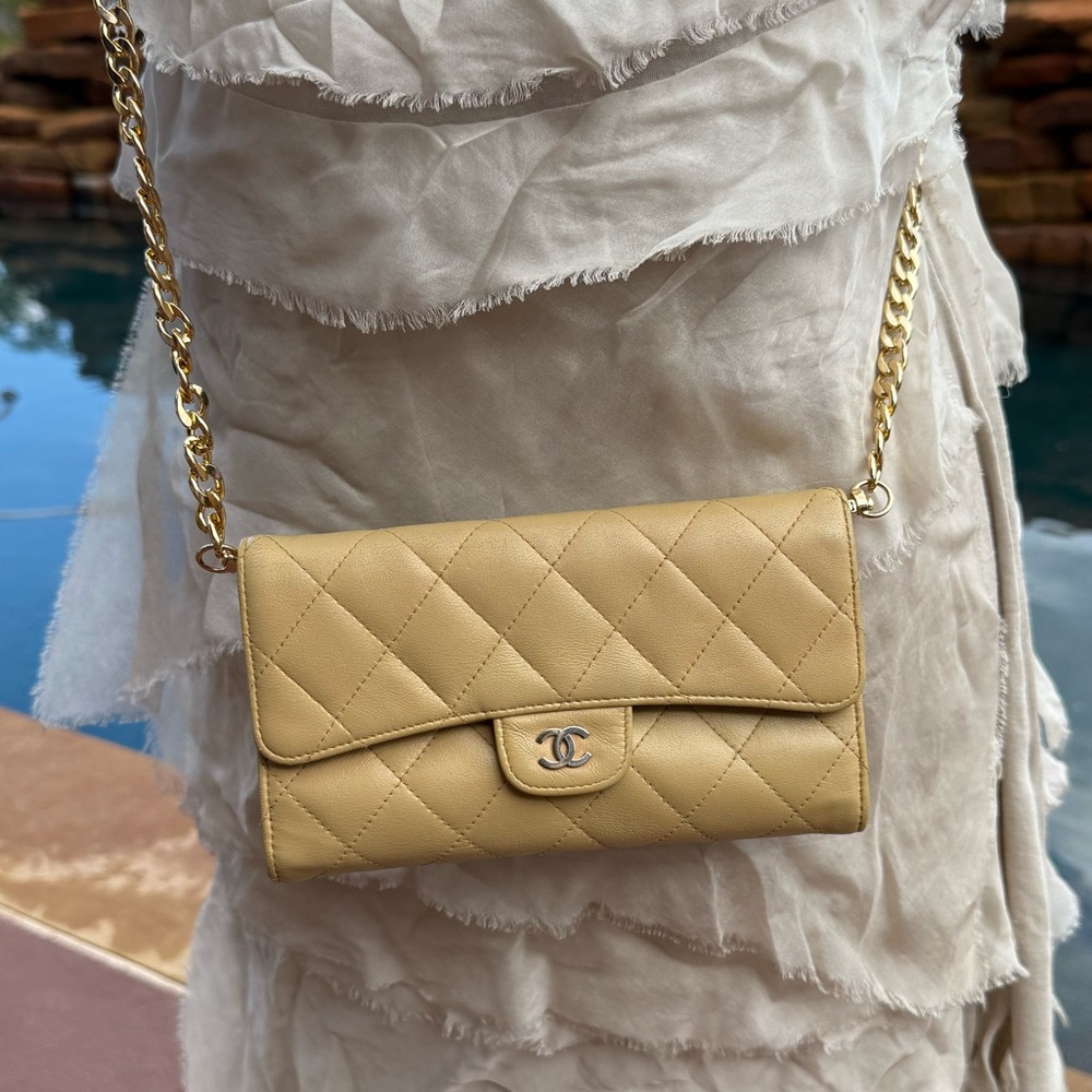 Authentic Chanel flap wallet WOC crossbody bag beige quilted leather LuxRebag